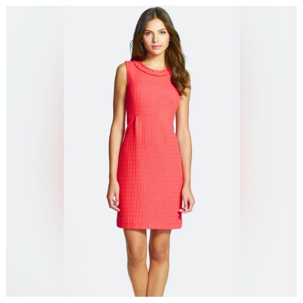 Kate Spade Terri Coral Pink Tweed Sleeveless Fringe Trim Sheath Shift Dress 4